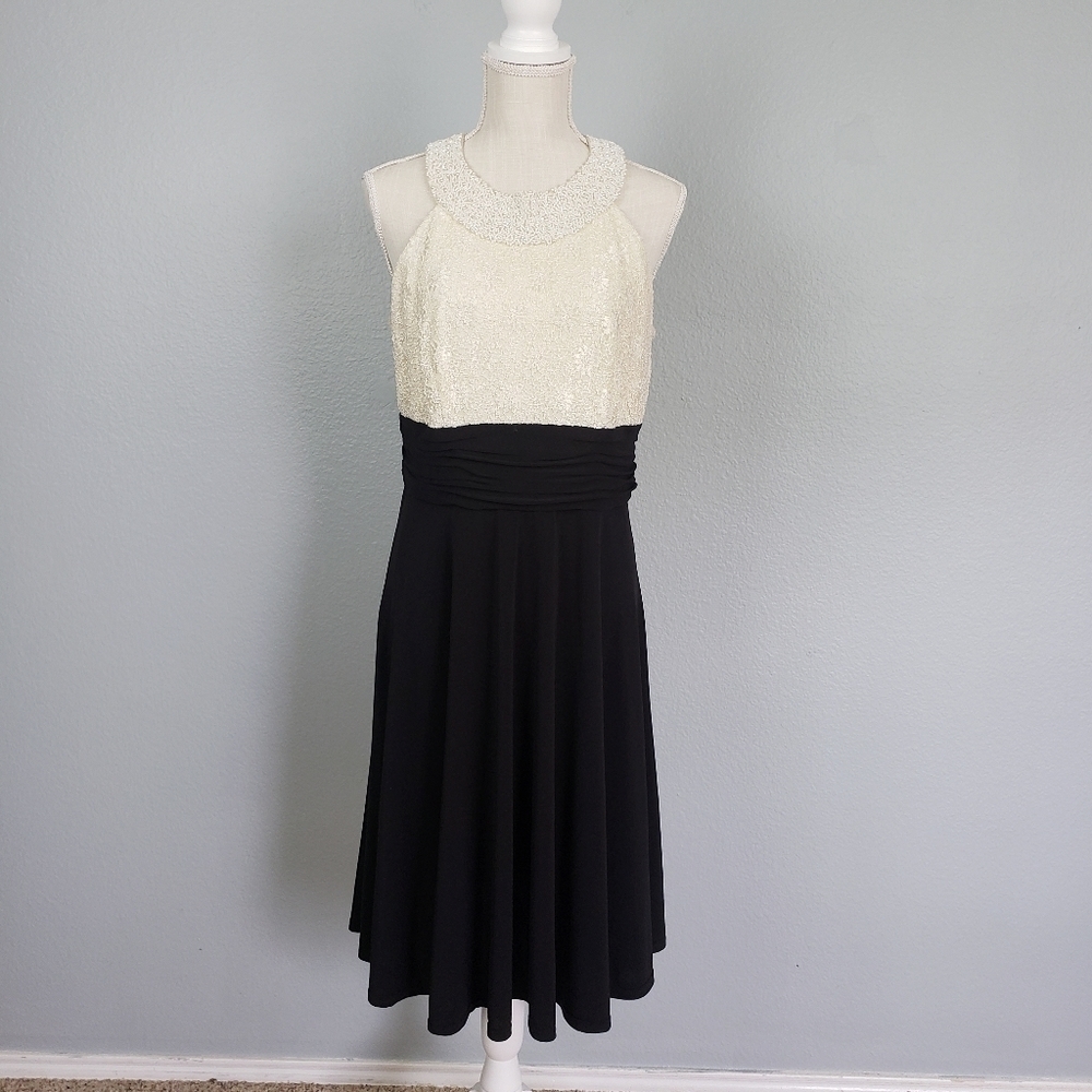 JESSICA HOWARD Beaded Lace Halter Dress Black Cream Sz 12